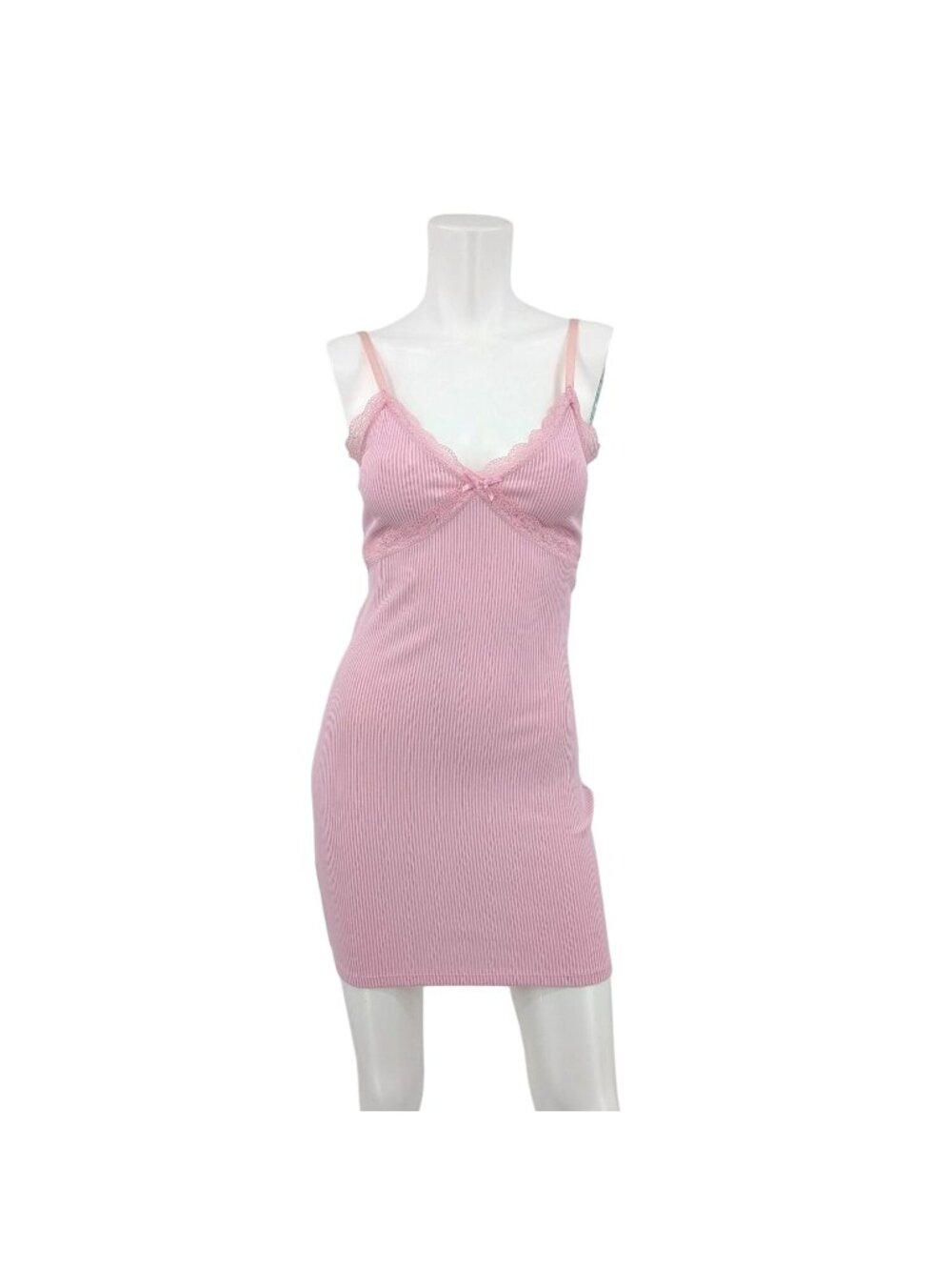 Pink Ribbed Lace Mini Slip Dress Coquette Ballet Soft‎ Girl Y2K Babydoll Small
